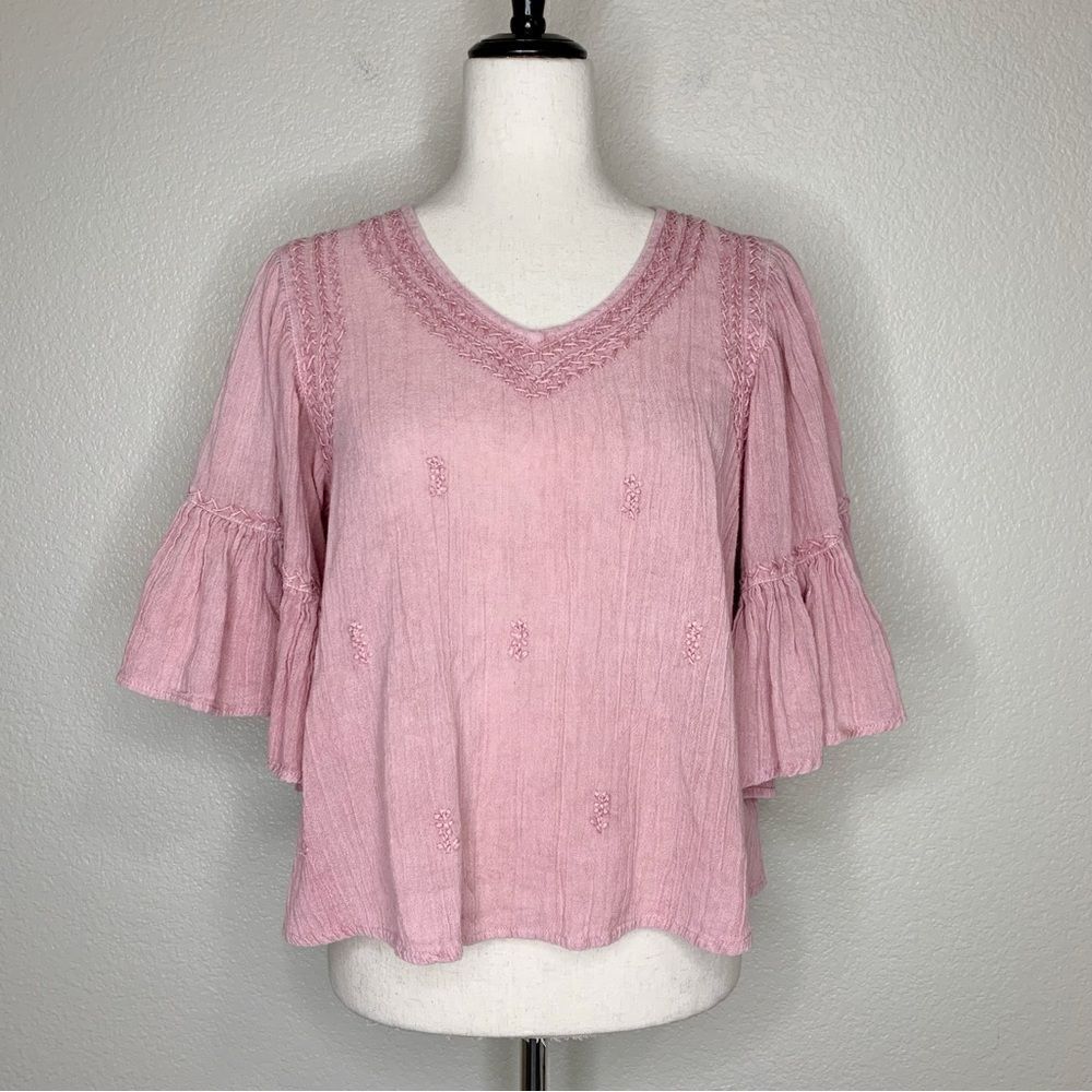 Rachel Zoe Boho Pink Embroidered Flared Sleeves Top, Sz Medium